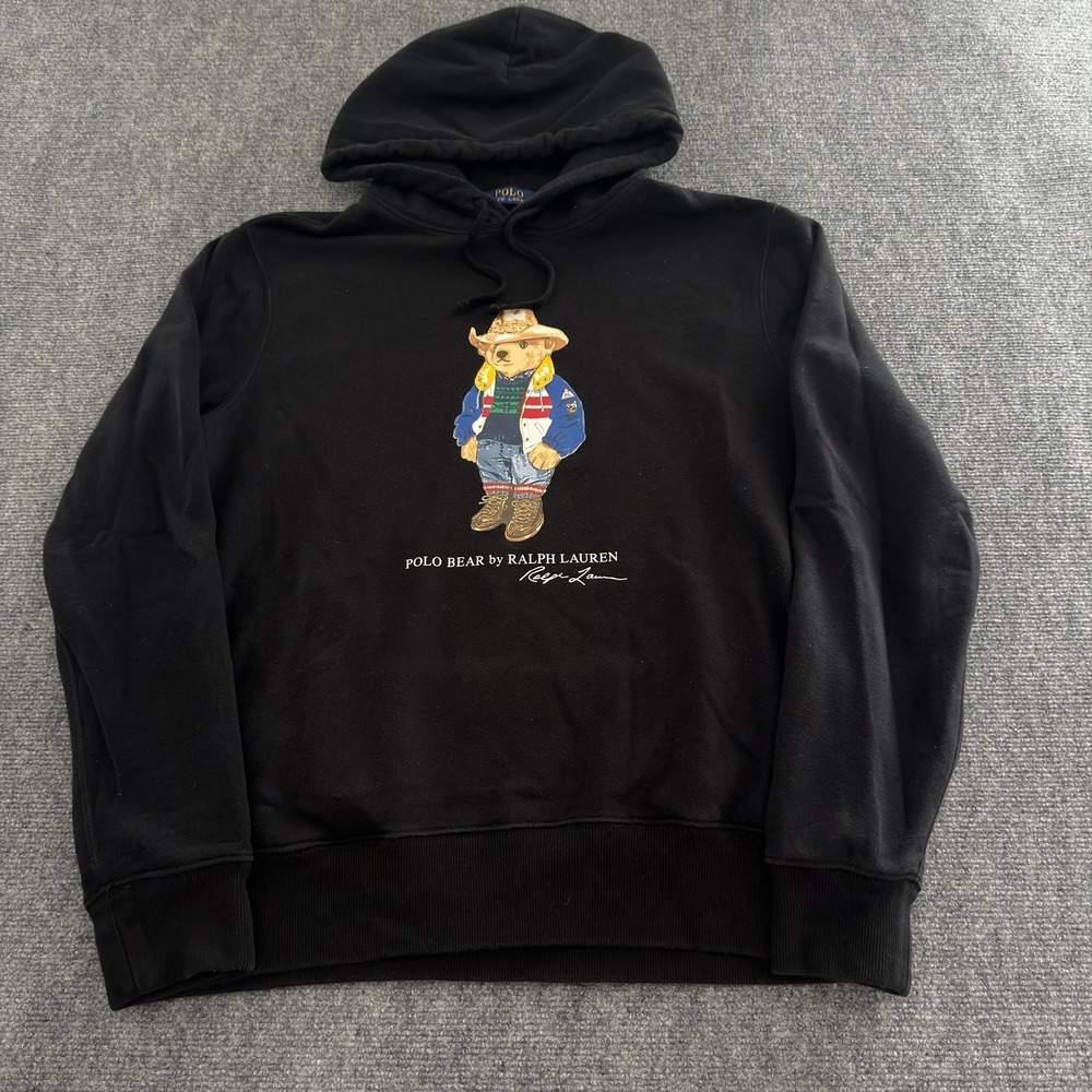 Polo Ralph Lauren Polo Bear Hoodie Mens Medium Black Cowboy Hat Western Country